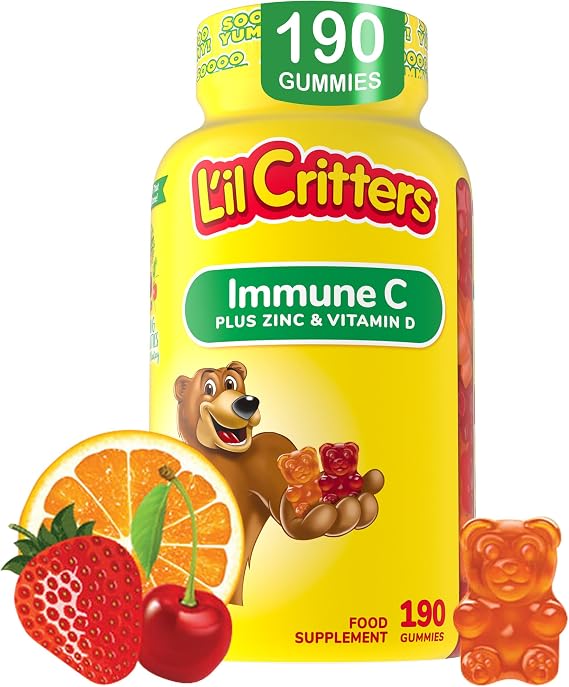 L'il Critters Kids Immune C Gummy Supplement with Vitamin C, Zinc and Vitamin D3 for Immune Support, 190 ct (95-190 day supply), 4 delicious flavors from Americas Number One Gummy Vitamin Brand