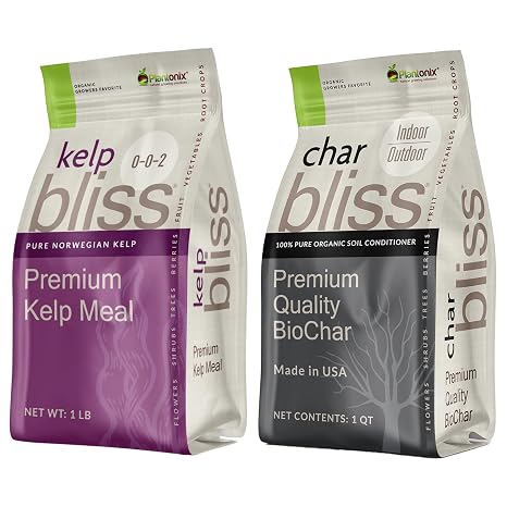 Kelp Bliss (1lb) + Char Bliss (1 Qt) - Kelp Meal Organic Fertilizer & Organic Biochar for Plants - Biochar Soil Amendment Charcoal for Plants - Organic Kelp Fertilizer for Plants - Kelp for Plants