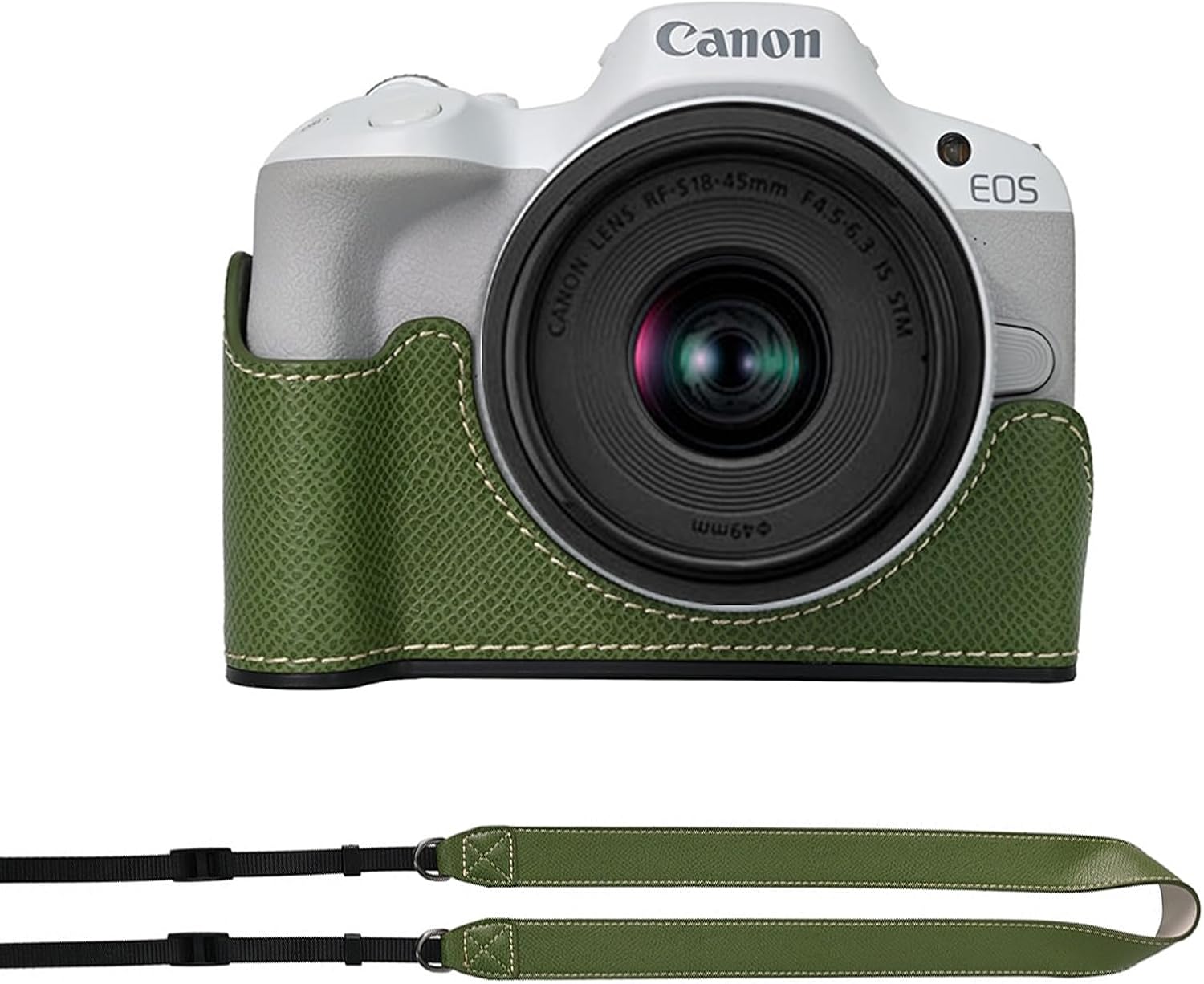 Canon EOS R50 Camera Half Case for Canon ITARUKEN Camera Case PU Leather for EOS R50 Hand Grip with Tripod Hole Protective Cover with Shoulder Strap Green