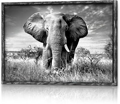 HILL WEST African Elephant Portrait Wall Art - Rustic Wildlife Painting Black White Picture Artwork Wild Animal Photography Prints for Home Office