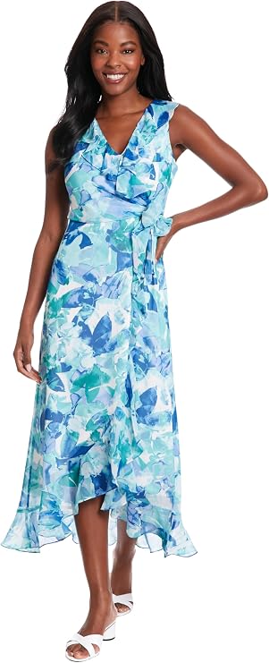 London Times Women's Sleeveless Ruffle Detail Faux Wrap Tie Midi Dress