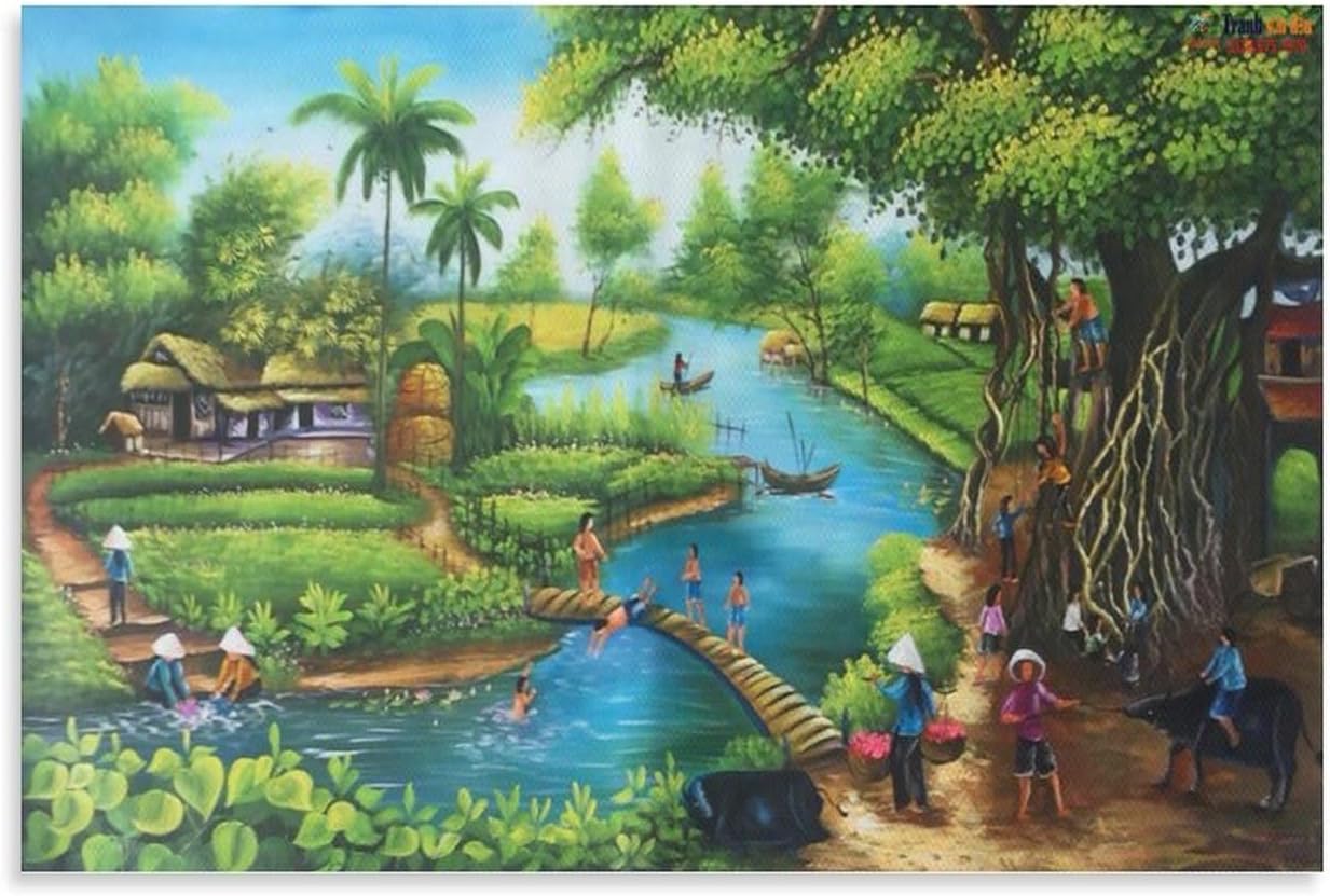 HOMSOL Vietnamese Countryside Oil Painting, Hanoi Countryside Style Poster Canvas Poster Wall Art Decor Print Picture Paintings for Living Room Bedroom Decoration 20x30inch50x75cm