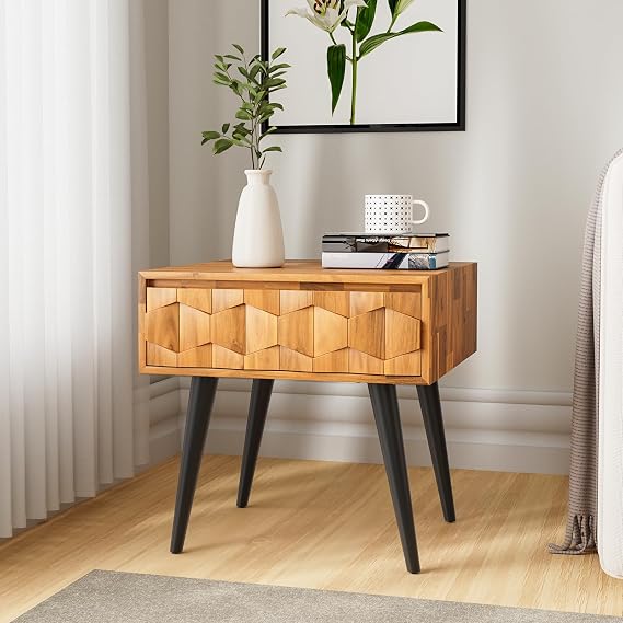 Bme Georgina Solid Wood Mid-Century Modern Side Table with Drawer Fully Assembled Bedside Table with Rustic Geometric Pattern for Living Room or Bedroom