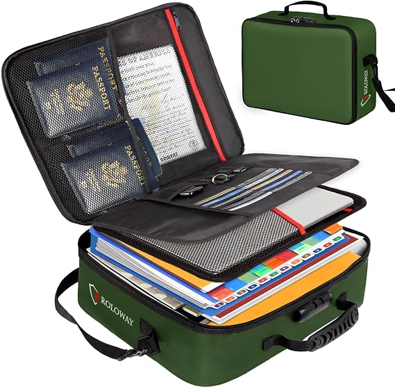 ROLOWAY Fireproof Document Bag with Lock (17 x 11.8 x 5 inch), Important Document Storage Bag with Multi-Layer File Organizers (Green)