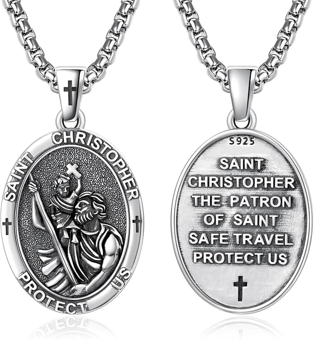 Patron Saint Medals 925 Sterling Silver Amulet Necklace Protection Jewelry for Men with 2.5mm 22"+2" Round Box Chain