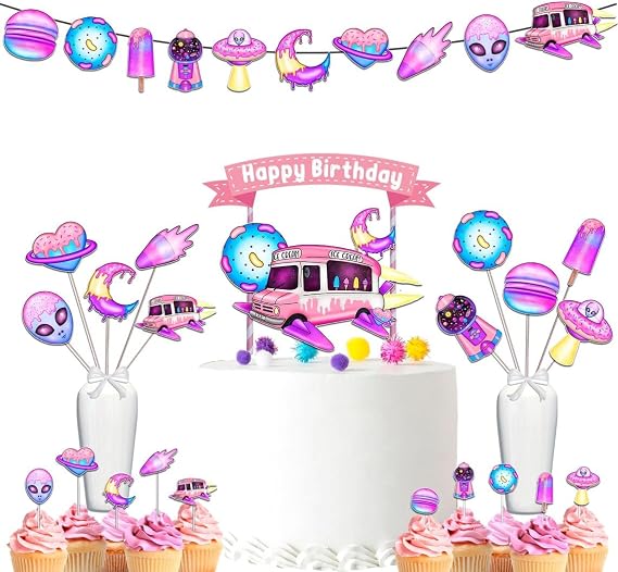 Aliens Party Decorations Set Outer Space Birthday Supplies with Banner, Cupcake Toppers, Cake Topper & Centerpieces for Galaxy Celebration