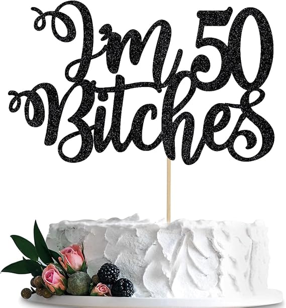 I'm 50 Cake Topper, Black Glitter 50th Birthday Party Decorations