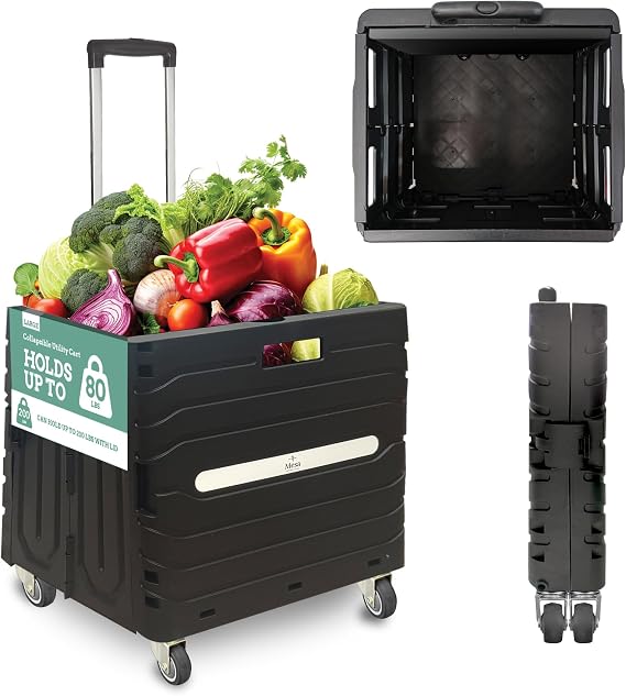 Collapsible Folding Utility Cart, Heavy-Duty Rolling Crate with 360 Wheels, Telescoping Handle, Hidden Lid, Holds 200 Lbs, Black