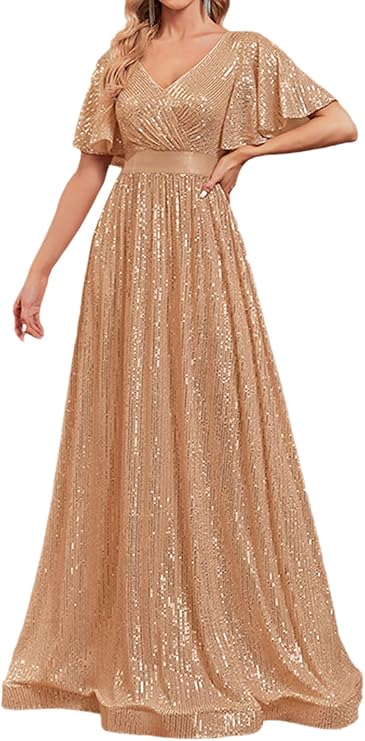 Cap Sleeve Double V-neck Sequin Maxi Dress Formal Dress Prom Evening Gowns