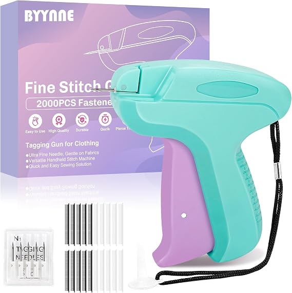 Stitch Gun for Clothes - Handheld Quick Clothing Fixer - Tagging Gun for Clothing, Sewing Kit - Includes 6 Fine Needles, 1000 White & 1000 Black Fasteners (Purple Green)