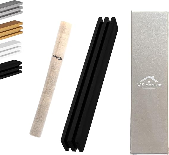 A&S Mezuzot Aluminum Mezuzah Case Mezuzah for Door with Scroll in Adi Sidler Line Design Parchment Mezuzah with Scroll for Door Kosher Mezuzah Scroll Jewish Home Decor (Black, 6 Inches)
