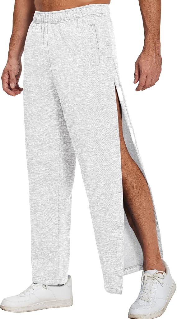 Deyeek Mens Fleece Tear Away Pants Loose Fit Post Knee Replacement Surgery Pants Breakaway Sweatpants Side Snap with Pockets