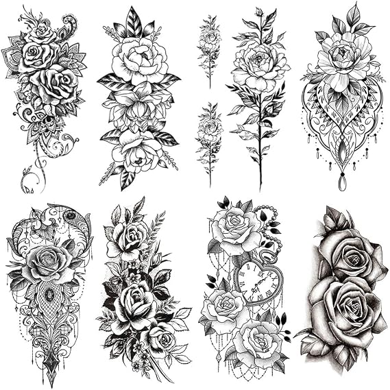 Yesallwas Rose Flower Temporary Tattoos For Women Waterproof Black Large Fake Tattoo Stickers 3D Blossom Lady Shoulder Tattoos DIY Legs Sexy Arm Chains