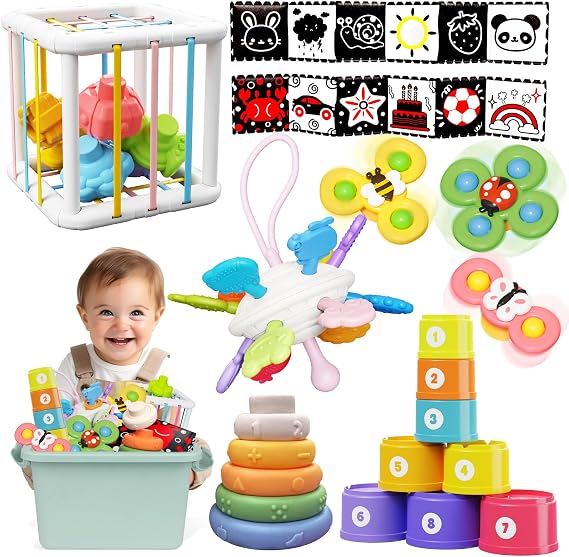 FLLOBE Baby Toys, Montessori Toys for 1 Years Old, 6-in-1 Set Sensory Toys for Babies with Storage Box, Baby Essentials, Stacking Cups, Teething Toys, Spinner Toys for Babies Toddlers 1-3 Gifts