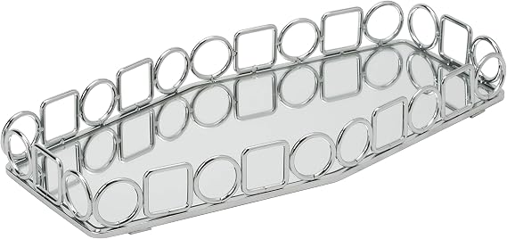 Home Details Mirrored Vanity Tray | Circles and Squares Design | Dresser | Desk | Cosmetic & Jewelry Organizer | Perfume | Decorative | Chrome