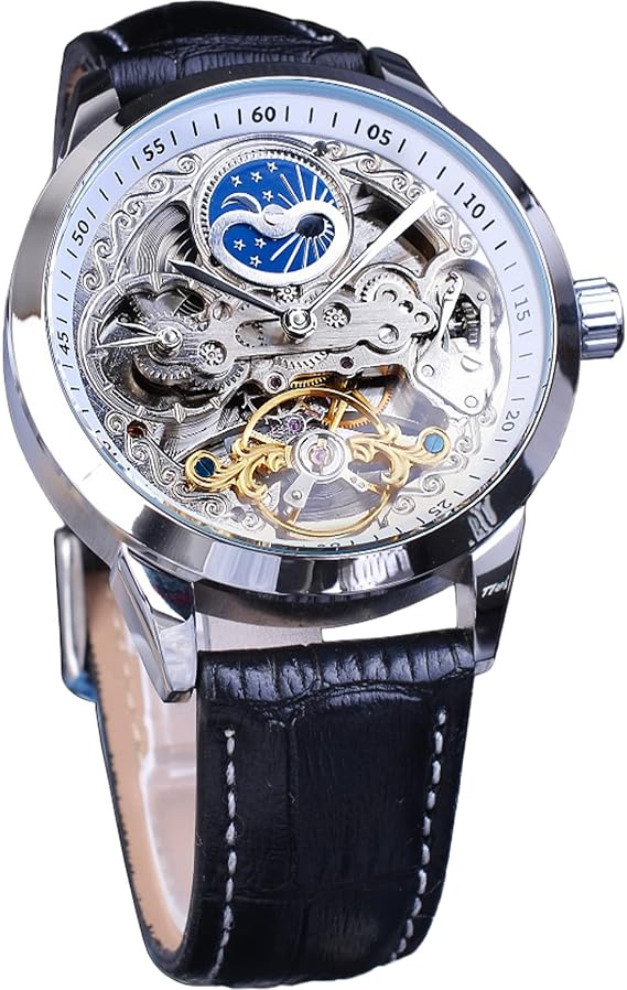 FORSINING Men's Skeleton Moon Phase Watch Mechanical Automatic Tourbillon Dual Time Zone Wrist Watch Automatic Luxury Leather Strap Large Dial Wrist Watch, white, Classic