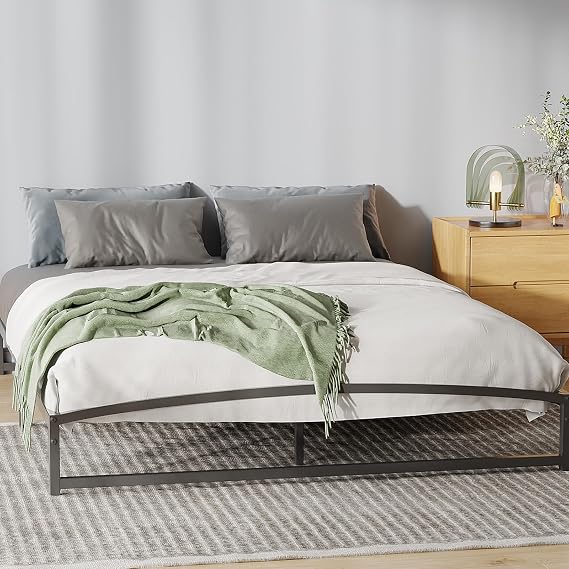Low Bed Frame Full Size with Arched Headboard and Footboard, 6 Inch Low Profile Metal Platform Bed Frame, Heavy Duty Mattress Foundation, Noise Free, No Box Spring Needed, Black