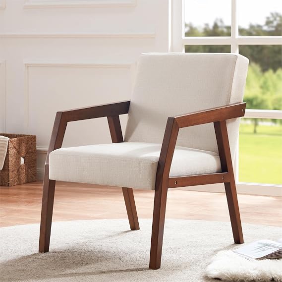 HUIMO Arm Chair Accent Chair, Wooden Mid-Century Modern Accent Chairs, Elegant Upholstered Lounge Chair for Living Room, Bedroom, Linen Fabric Padded Reading, Side (White)