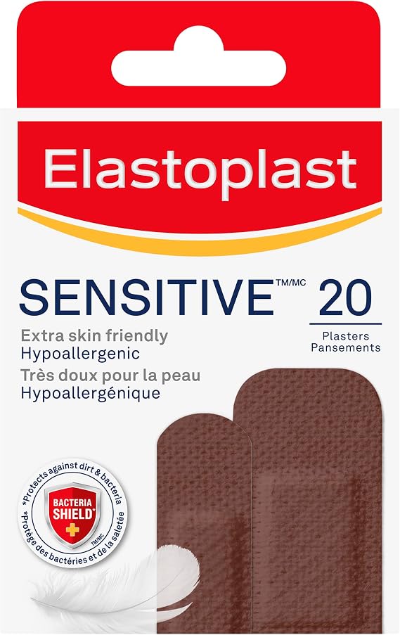 Elastoplast Sensitive Hypoallergenic Plasters Dark (20 Pieces), for Painless Removal, Soft and Breathable Fabric Plasters, Strong Adhesive, Dark Skin Tone, for Sensitive Skin