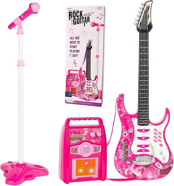 iMeshbean Guitar and Microphone Play Set for Kids, Adjustable Height Microphone Stand, Electric Guitar Amplifier Set Karaoke Musical Instruments for Kids Girls Boys (Pink)