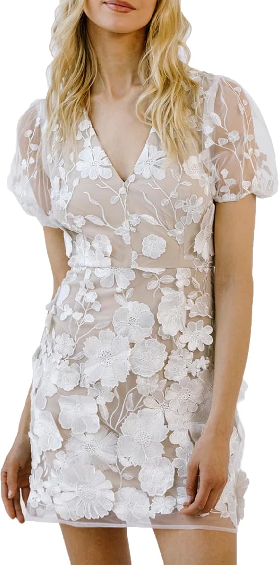 Women's Floral Embroidery Mini Dress Wedding Guest Dress Puff Sleeve V-Neck Lace Bodycon Evening Party Cocktail Dress