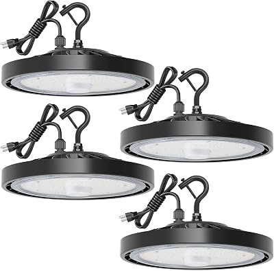 4 Pack LED Shop Lights 150W 24,000LM 5000K Super Bright High Bay Shop Lights with US Cable Plug in for Garage Workshop Warehouse Factory Barn