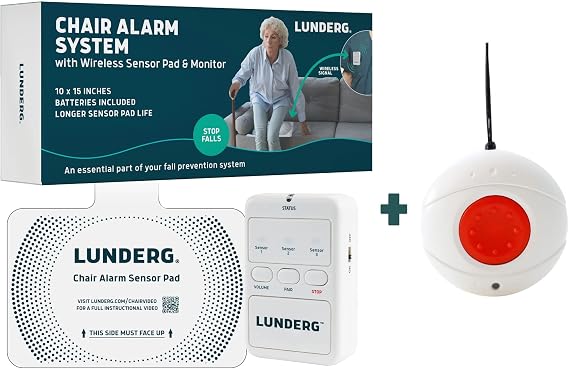 Lunderg Chair Alarm System with Call Button, Wireless Chair Sensor Pad & Pager - Elderly Monitoring Kit - Chair Alarms and Fall Prevention for Elderly