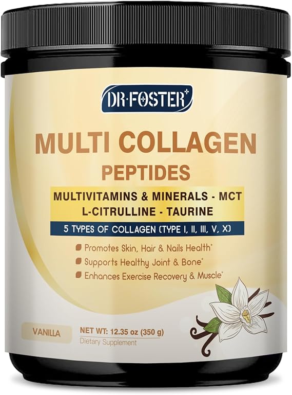 DRFOSTER Vanilla Collagen Peptides Powder for Women & Men, Multi Type I II III V X Collagen with multivitamins & Minerals for Skin, Hair & Nails & Joints, Non-GMO, 35 Servings | Multi Type I II III V X Collagen with Multivitamins & Minerals for Women & Men, Supports Skin, Hair, Nails & Joint Health