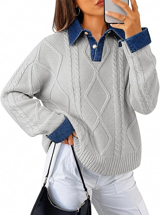 Soesdemo Womens Cable Knit Sweaters Denim Polo Pullover Fall Sweater 2026