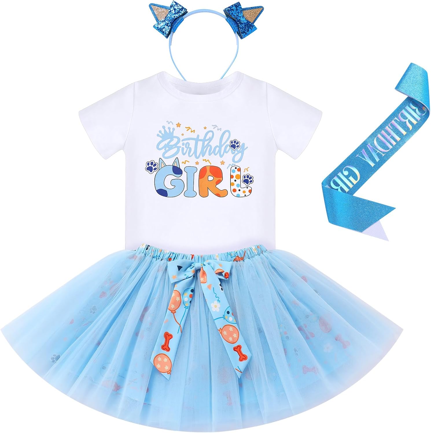 IDOPIP Blue Birthday Girl Outfit for Baby Toddler Girls Birthday Shirt Tutu Skirt Dog Ears Sash Cake Smash Photo Shoot 1-6T