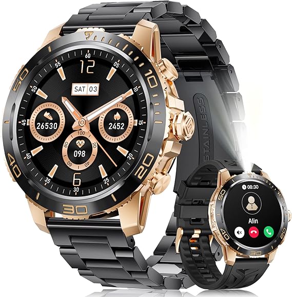 LIGE Smart Watches for Men, Make/Answer Call, 1.43" AMOLED Fitness Watch with Heart Rate/Sleep Monitor, 600mAH Battery, 200+ Sports Modes, IP68, Business Sport Smart Watch for Android iOS, Amber Black