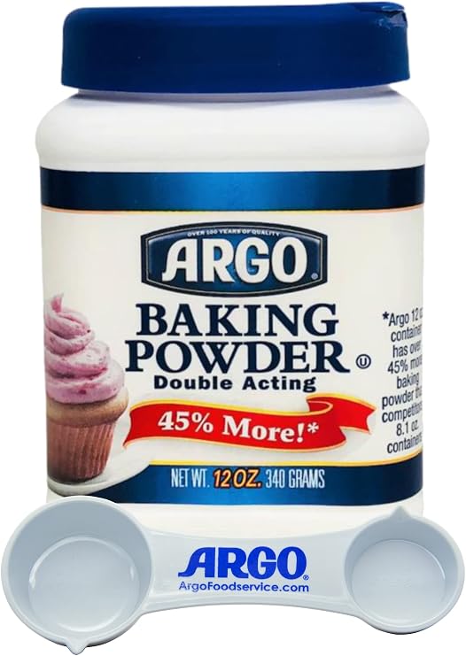 Argo Double Acting Baking Powder, 12 Ounce Resealable Plastic Container with Argo Measuring Spoon