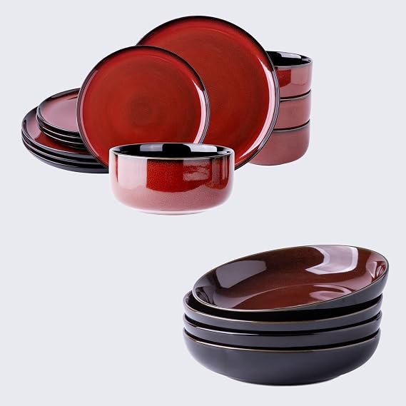 Ceramic Dinnerware Sets of 4,Poreclain Plates and Bowls Sets,Handmade Reactive Glaze Dishes Set,Chip Resistant and Scratch Resistant | Oven&Dishwasher & Microwave Safe,Service for 4-Red (16pcs)
