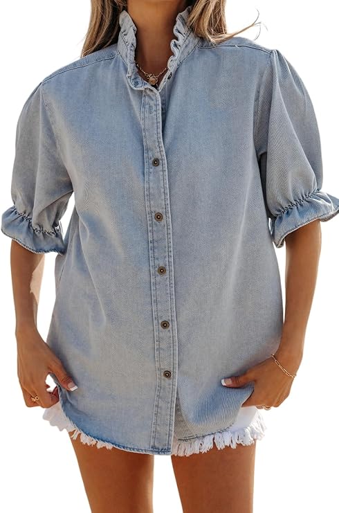 Women's Elegant Ruffle Short Puff Sleeve Summer Chambray Shirt Round Neck Blouse