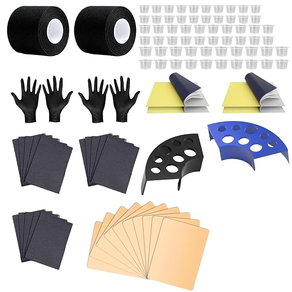 POSEIDON Tattoo Practice Kit for Beginners - 437 Pcs Including 10 Fake Skins, 50 Transfer Papers, 300 Mixed-Size Tattoo Ink Cups, 2 Holders, 4 Grip Tapes, 50 Dental Bibs, 20 Gloves & 1 Color Wheel