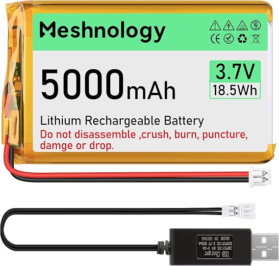 3.7V 5000mAh Li Battery with USB Charger Cable 105080 1S LiPo Battery with Protection Board Insulated Rubber Tape and PH 2.0 Plug for Arduino ESP32 Module Board Drone RC Car (1Pack)