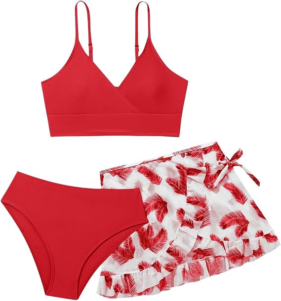 Girls Swimsuit 3 Piece Tropical Print Adjustable Straps Bathing Suit