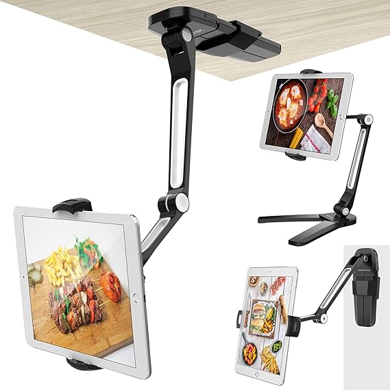 AboveTEK iPad Wall Mount, 3 in 1 Highflex 360 Under Cabinet iPads Mount for Kitchen, Tablet Celling Under Counter Holder, Kitchen Tablet Mount Fits 4.7" to 13.5" iPad, mini, Air, Surface Pro - Black