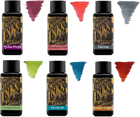 Diamine - 30ml Fountain Pen Ink - Color Wheel - 6 Pack - Tyrian Purple, Flamingo Pink, Earl Grey, Spring Green, Eau de Nil, Ancient Copper