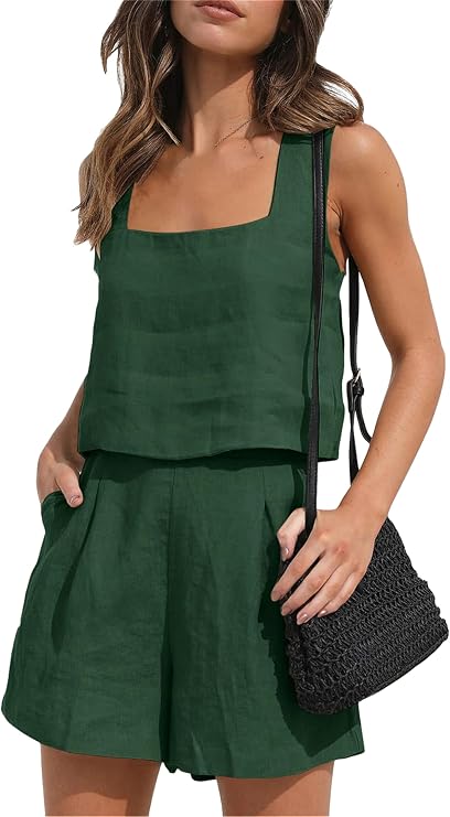 Womens 2 Piece Outfits Sleeveless Crop Tank Tops Lounge Sets