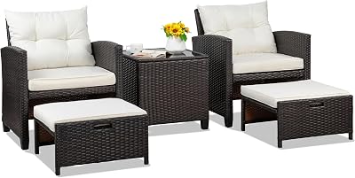 Shintenchi 5 Pieces Patio Furniture Set, Outdoor Wicker Patio Conversation Set with Ottoman, All Weather Rattan Outside Chairs with Coffee Table & Cushion for Porch, Garden, Backyard, Beige