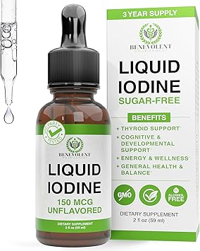Liquid Iodine Drops 1300 Servings Potassium Iodide for Thyroid, Metabolism & Detox Support 2X Absorption 1 Year Supply USA Made, Gluten Free, Vegan 2 Fl Oz