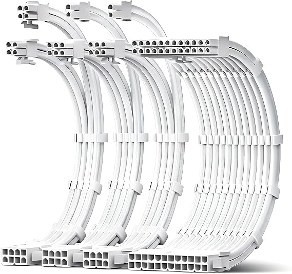 JEYI 18AWG PSU Extension Cable Kit, PVC Fabric Texture, 1x24Pin ATX / 1x8Pin(4+4) CPU / 2x8Pin(6+2) GPU Power Extension Cable, 30cm with Combs, White
