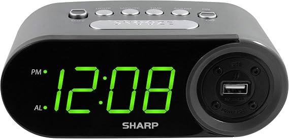 Sharp Digital Alarm Clock with 2A USB Charging and Green LED Display