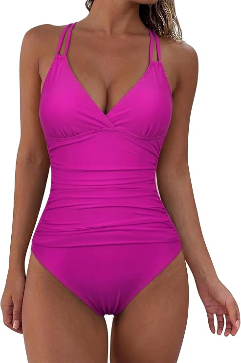 Hilor Women's Underwire One Piece Swimsuits Ruched V Neck Tummy Control Bathing Suit Criss Cross Monokini Swimwear