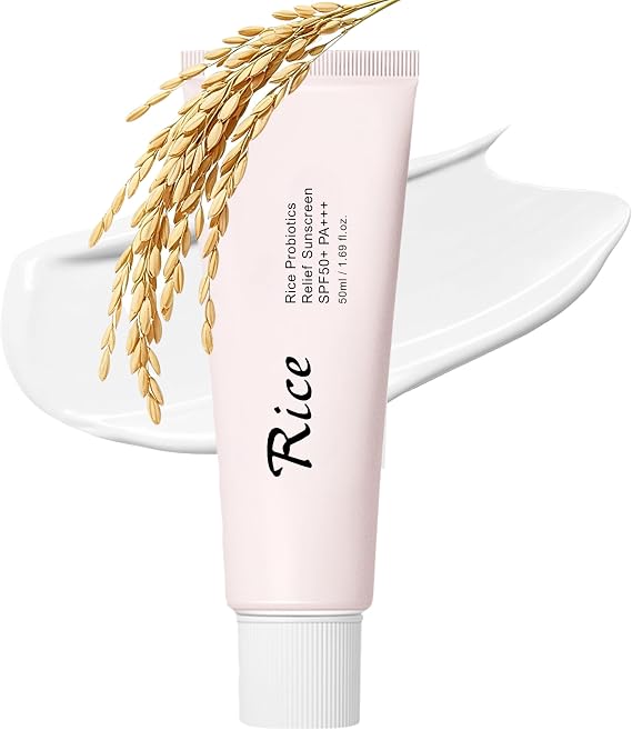 Rice Sunscreen SPF 50+ Face, Sun Rice + Probiotics Suncream Factor 50, 50ml | Rice Sun cream SPF 50, Lightweight & Non-Greasy Korean Sunscreen for Sensitive Skin, No White Cast, Refreshing Makeup Base
