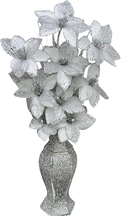 Silver Crushed Diamond Sparkle Mosaic Vase with White Glitter Flowers, Romany Bling Ornament, Crystallized Arrangement, Decor for Home, Office, Wedding, Gift Decoration - 65 cm Tall