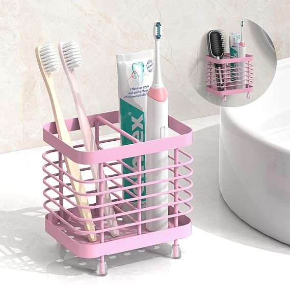 Luxspire Toothbrush Holders for Bathroom, Stainless Steel, 2 Slots, Pink | Wall Mounted ,Electric Toothbrush Holder, Toothbrush and Toothpaste Holder, Bathroom Organizer Essentials