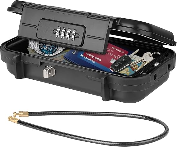 Portable Safe Box, Waterproof Anti-Theft Beach Travel Safe Box Combination Security Lockbox with Removable Wire Rope Portable Lock Box for Dorm, Hotel, Home, Office, Car