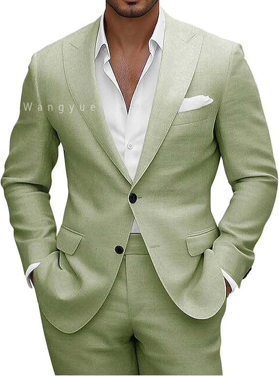 Wangyue Men Linen Suits 2 Piece Linen Suit for Beach Wedding Summer Suits Slim Fit Casual Groomsmen Linen Suits Sets